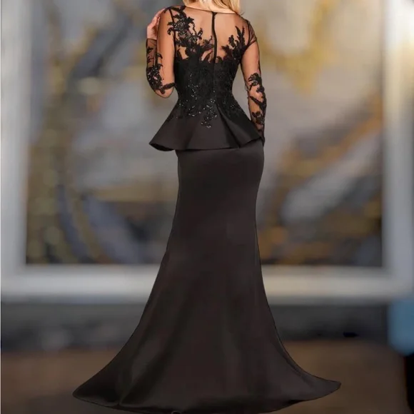 Terani Couture Embroidered Long Sleeve Front Slit Ruffled Mermaid Gown.